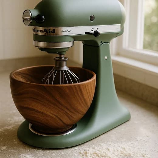 A sage green stand mixer with a wooden bowl