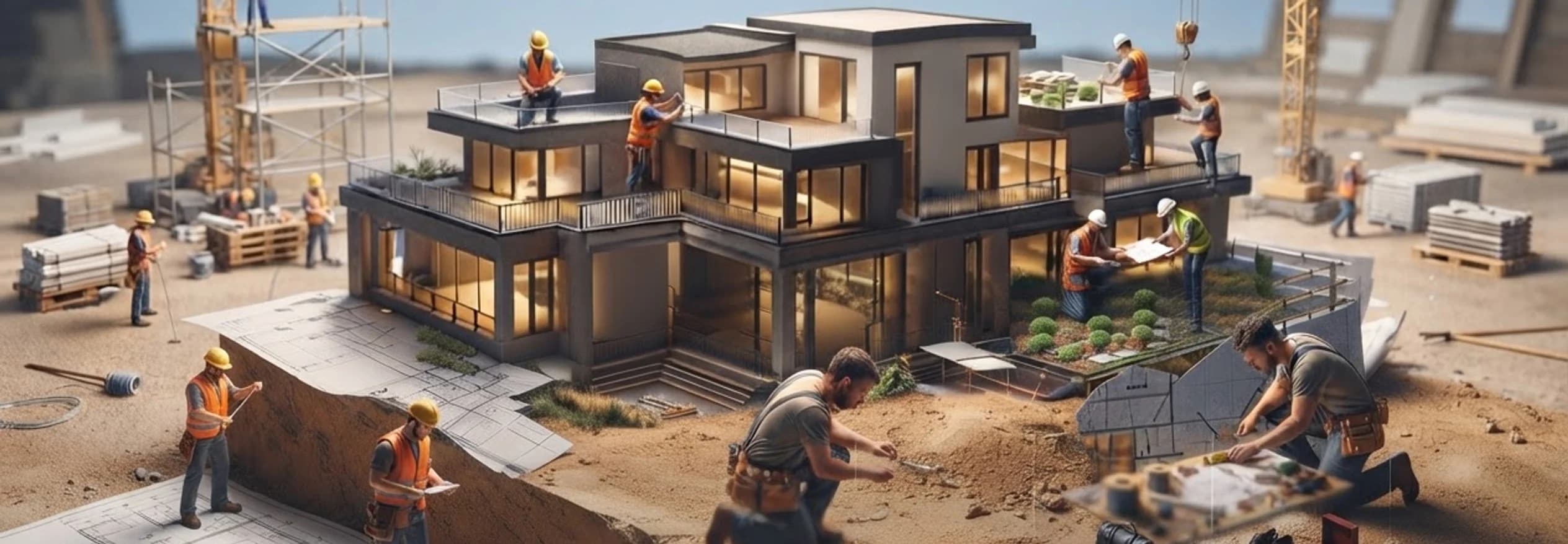 A model house under construction, trades working across every floor