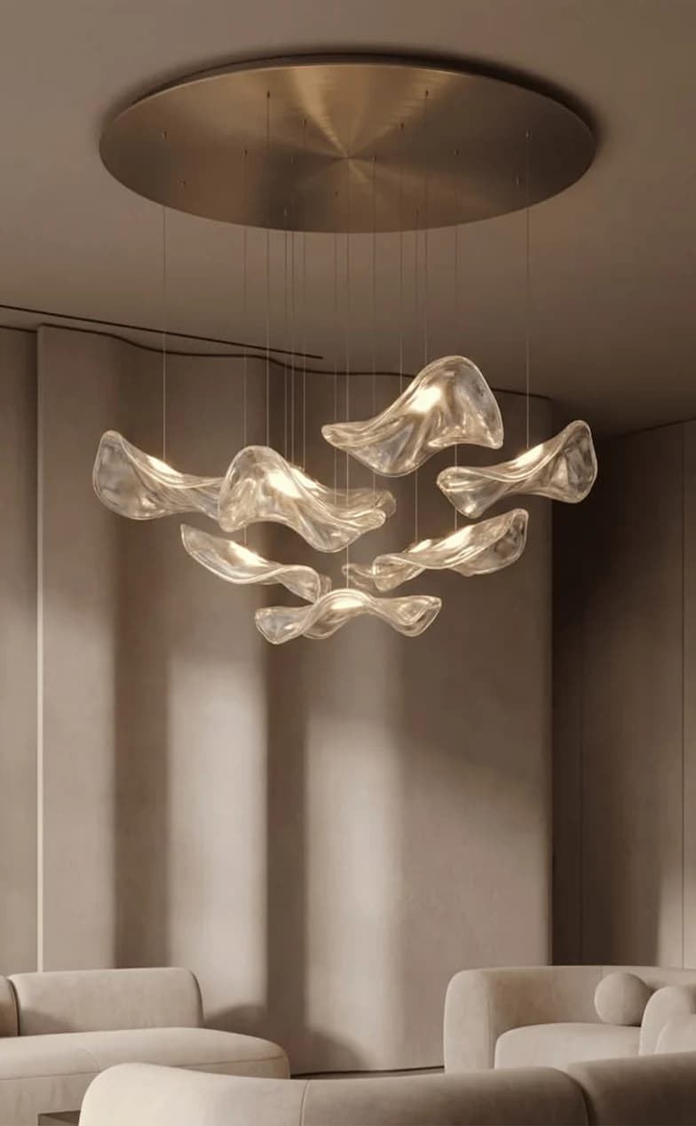 A sculptural gold pendant under a recessed ceiling ring