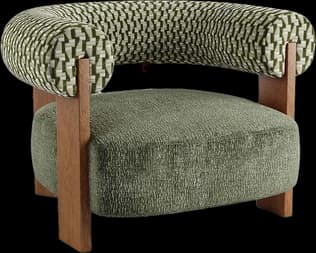 A green boucle barrel armchair on oak legs