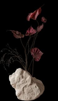 Dried burgundy stems in a carved stone vase