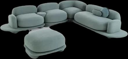 A teal modular sofa with rounded bolster cushions