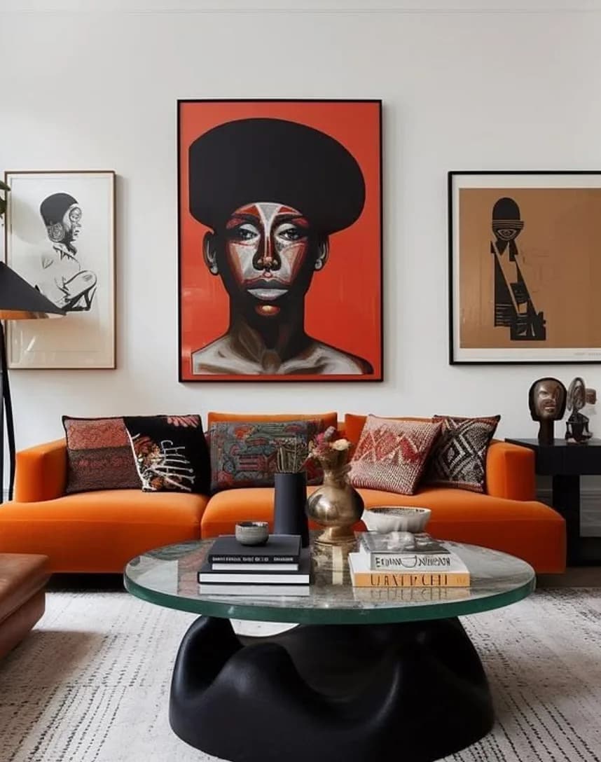 An orange sofa under a wall of bold portrait prints