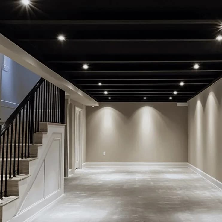 A dark-ceilinged basement hall beside a staircase