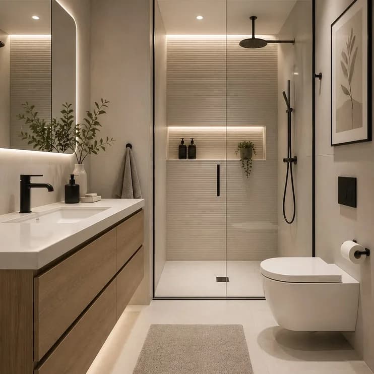 A walk-in shower beside a floating oak vanity