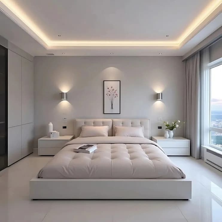 A low platform bed under a coved ceiling light