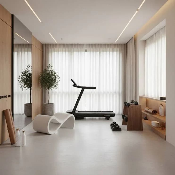 A home gym with a treadmill against a window