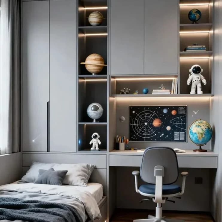 A child’s room with a planet shelf and a study nook