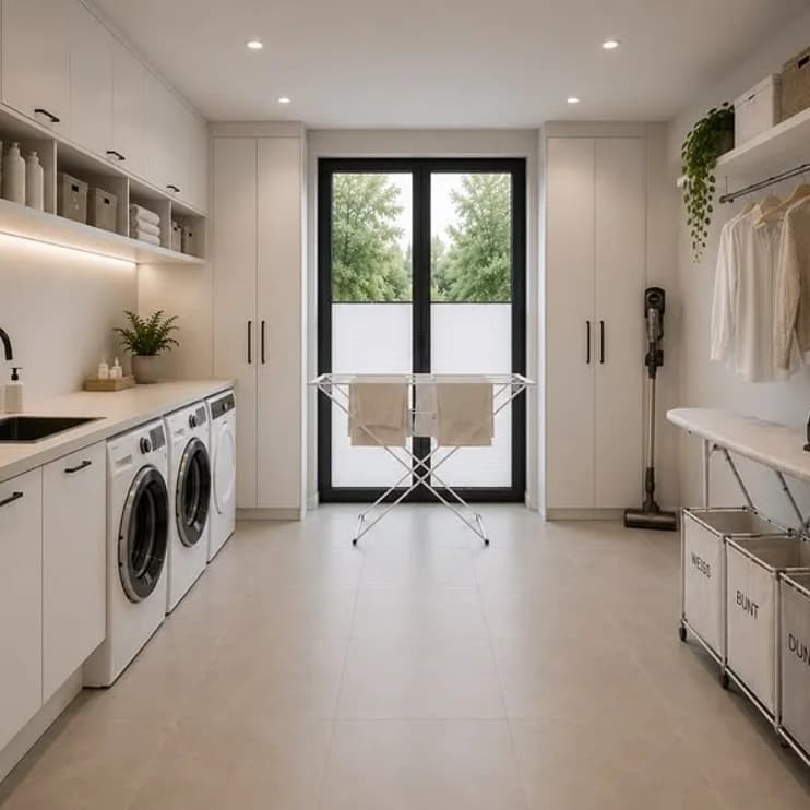 A laundry room with stacked machines and a garden door