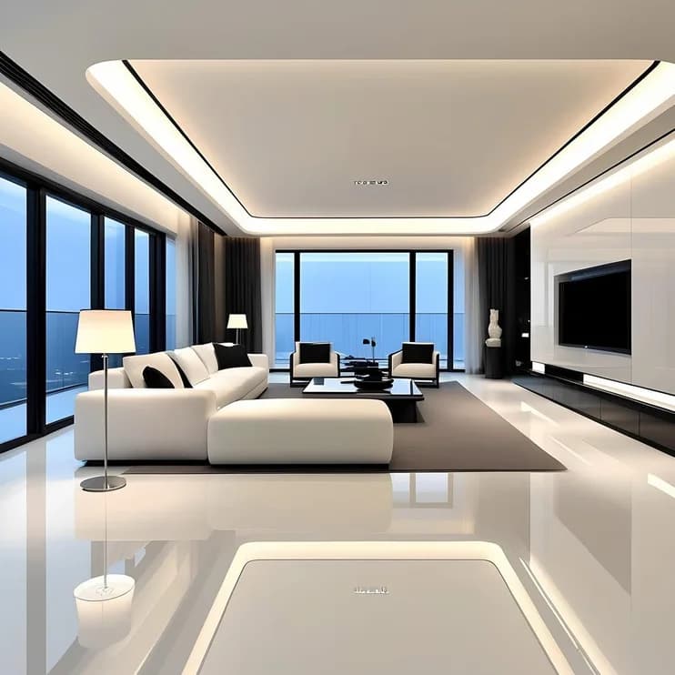 A long living room in cream with a sunken seating bay