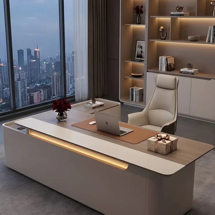 A corner office desk against a city window