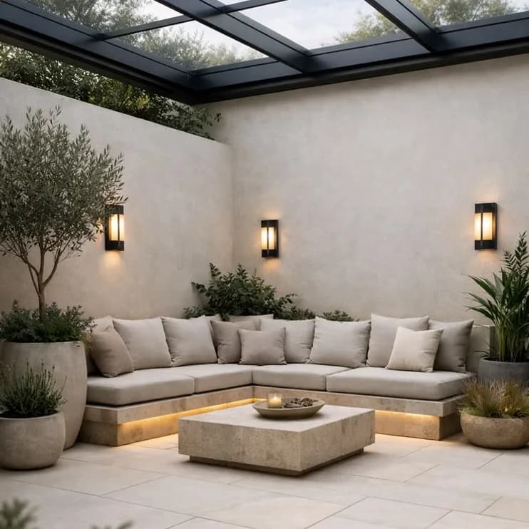 A courtyard bench under a glazed roof with potted olives