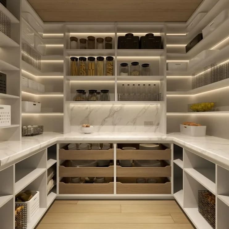 A lit walk-in pantry lined with jars and shelving