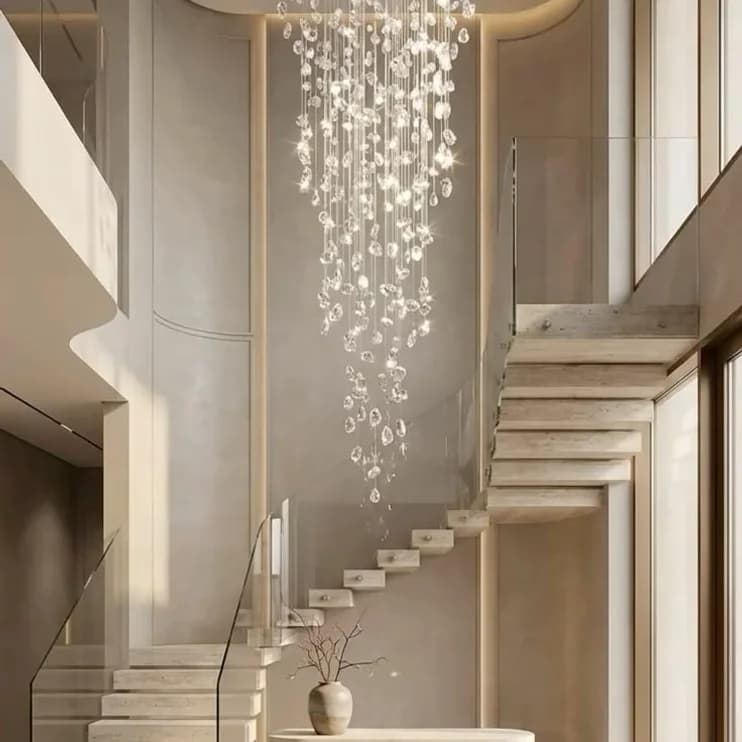 A stone staircase under a cascading crystal light