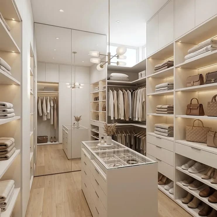 A dressing room island in a lit wardrobe