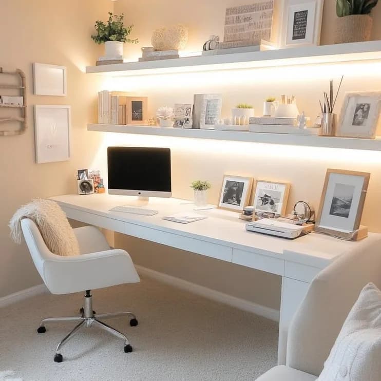 A white study desk under a lit picture shelf