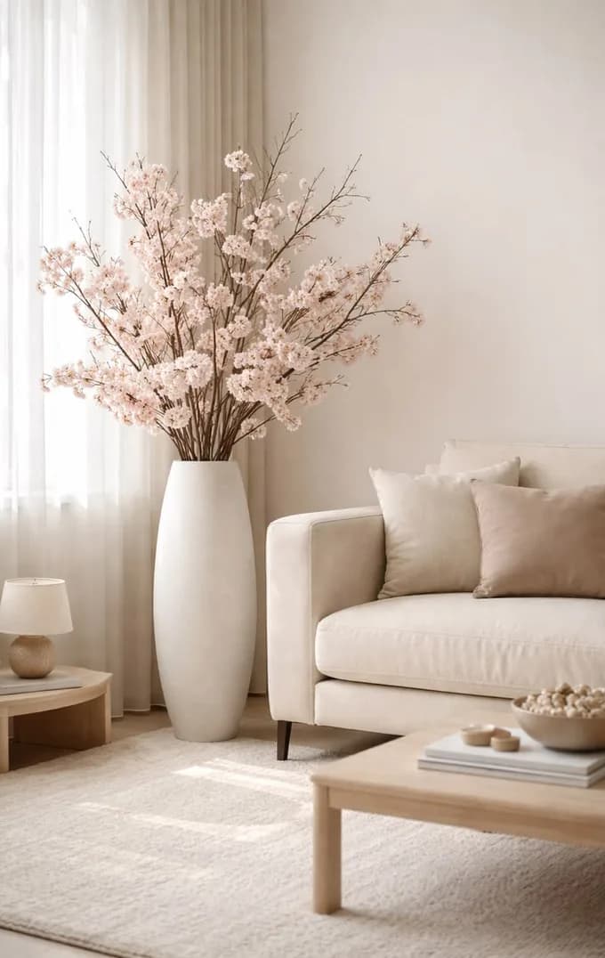 Blossom branches in a tall vase beside a cream sofa