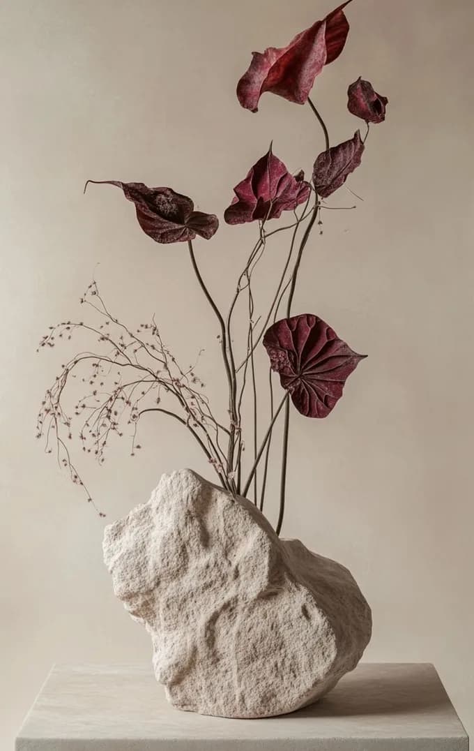 Dried burgundy stems in a carved stone vase