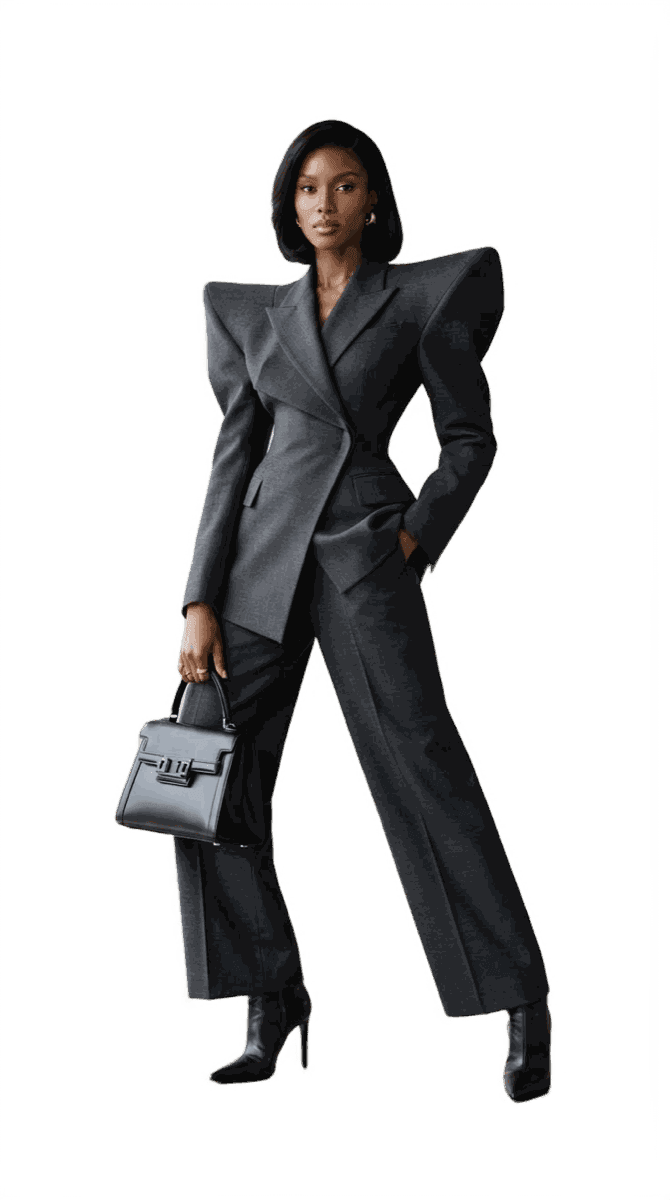 A charcoal trouser suit with a sculpted shoulder
