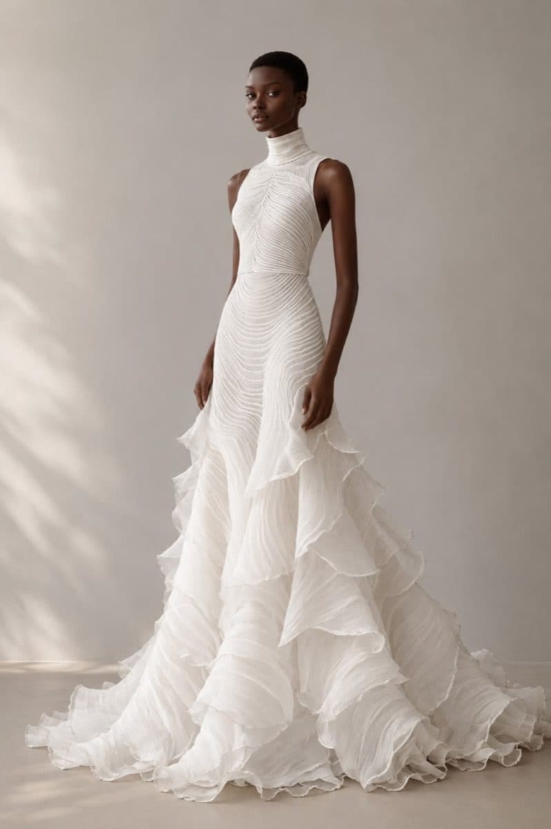 A high-necked ivory bridal gown