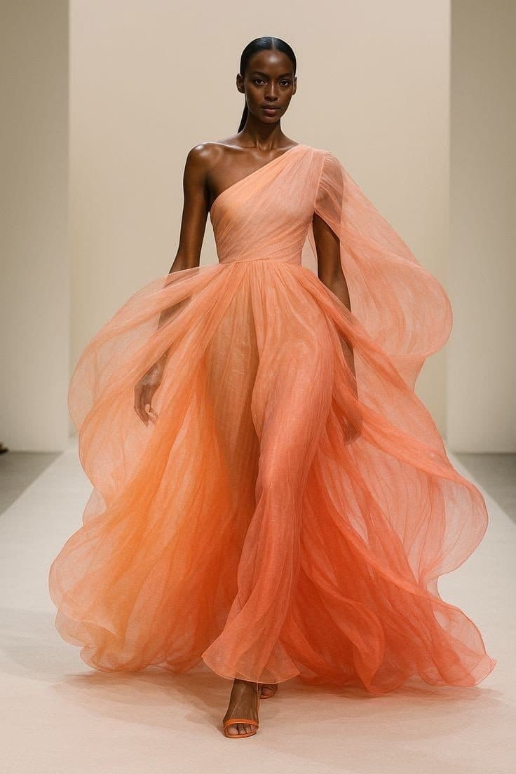 A peach tulle gown with draped sleeves