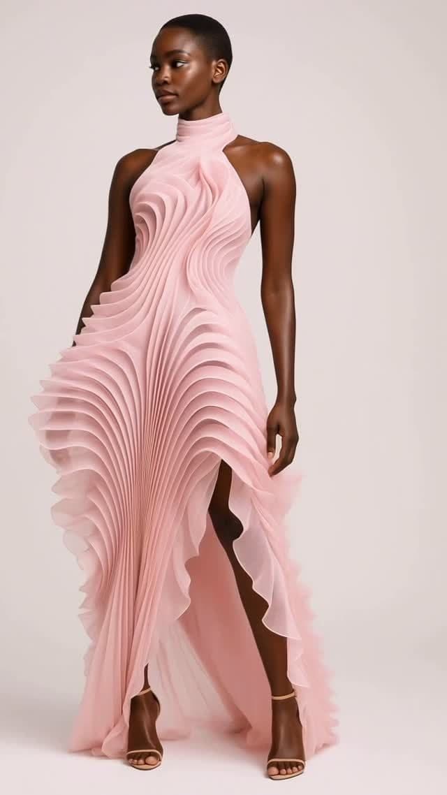 A blush pleated halter gown