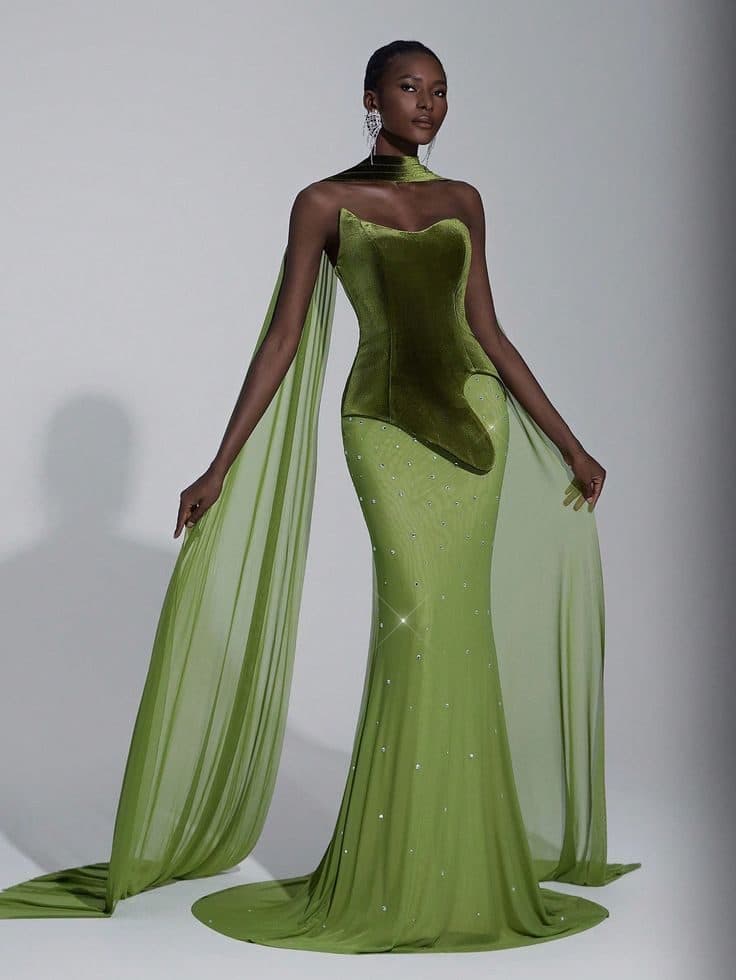 An olive gown with a beaded bodice