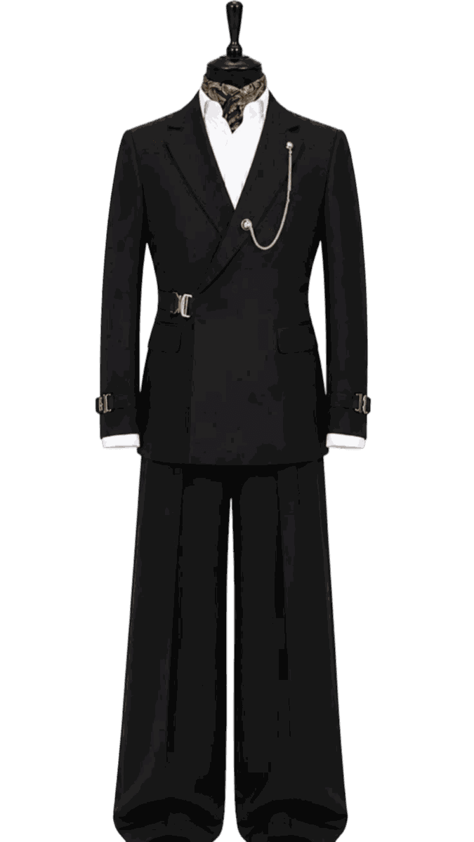 A black double-breasted suit