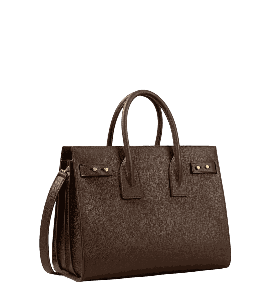 A brown leather tote bag