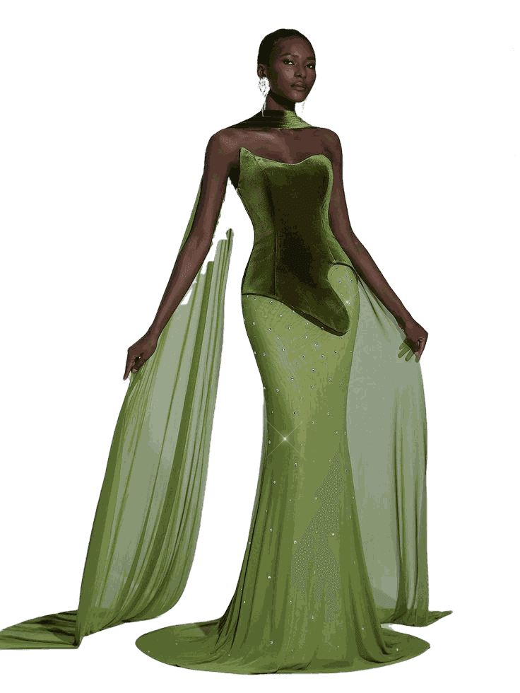 An emerald velvet column gown with a sheer cape