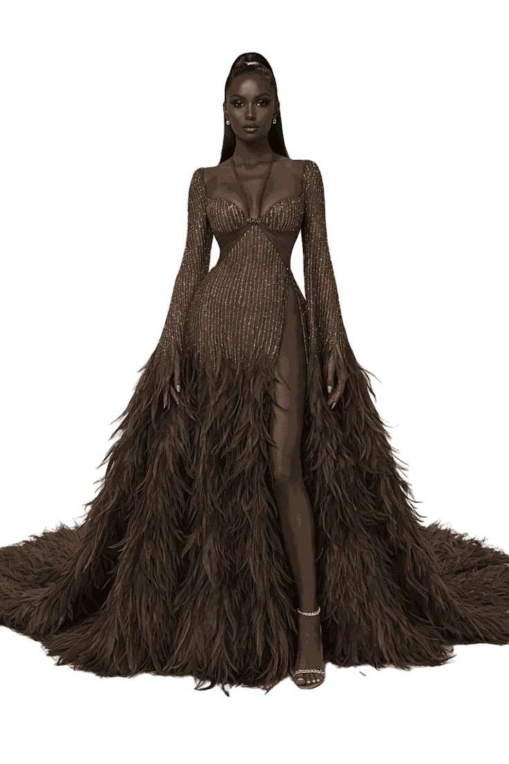 A beaded bronze gown with a feathered skirt