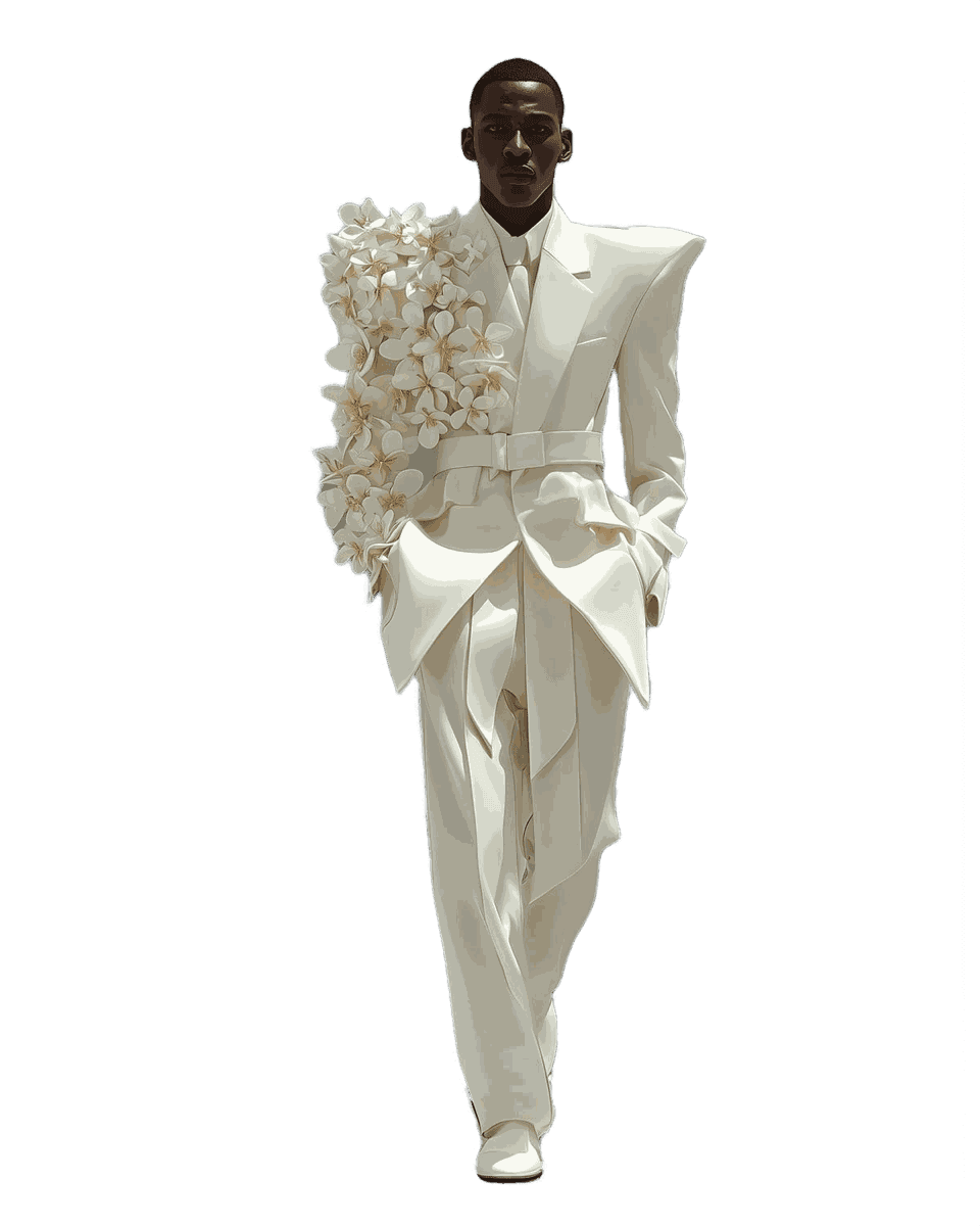 An ivory trouser suit with a blossomed shoulder