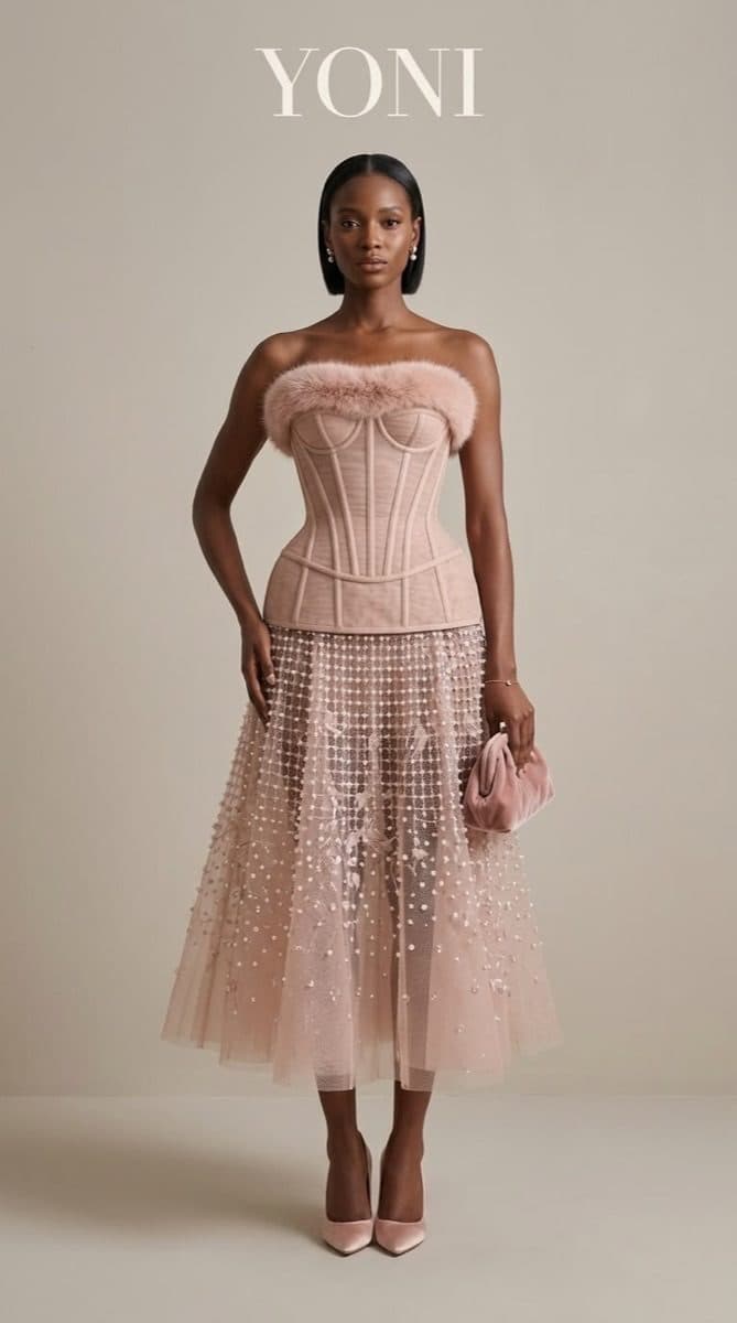 A blush boned corset over an embellished tulle skirt