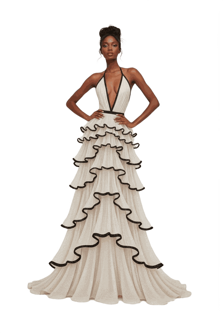 A tiered ivory gown with black piped ruffles