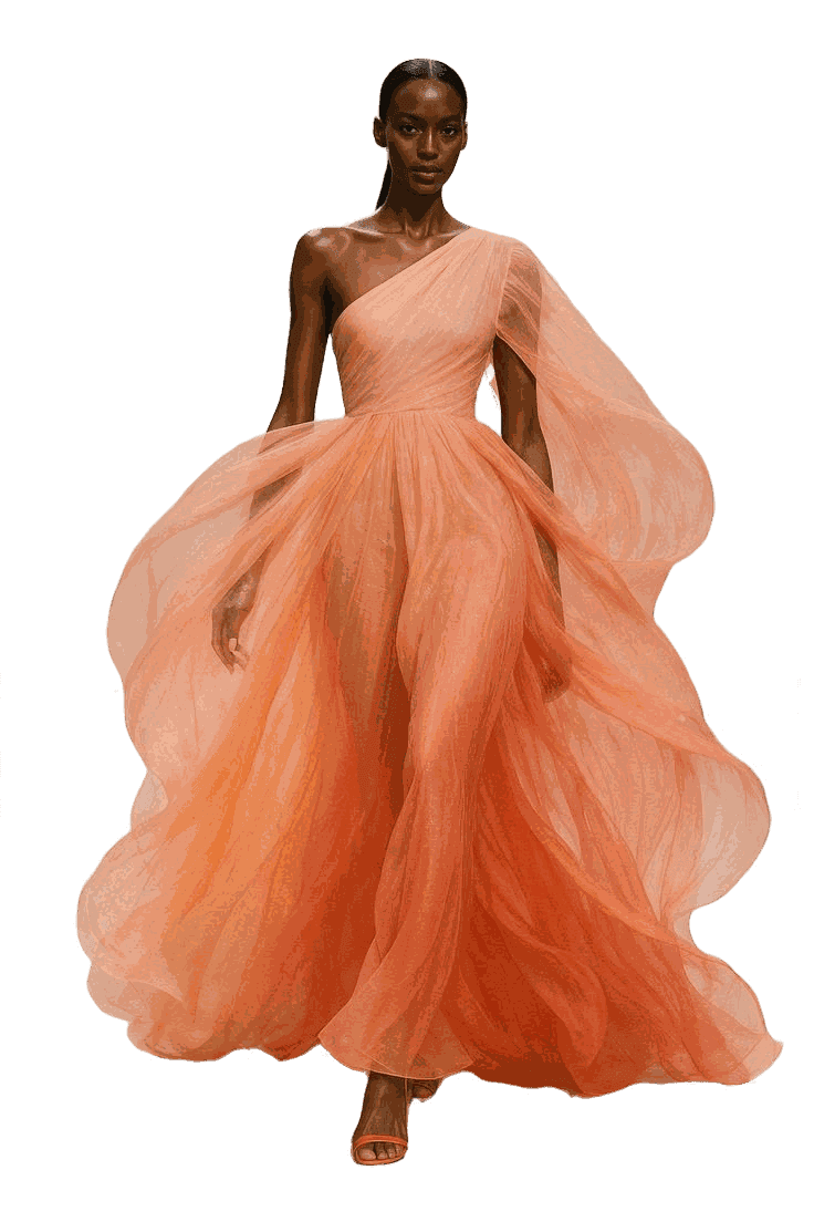 A peach one-shoulder gown with a full organza skirt