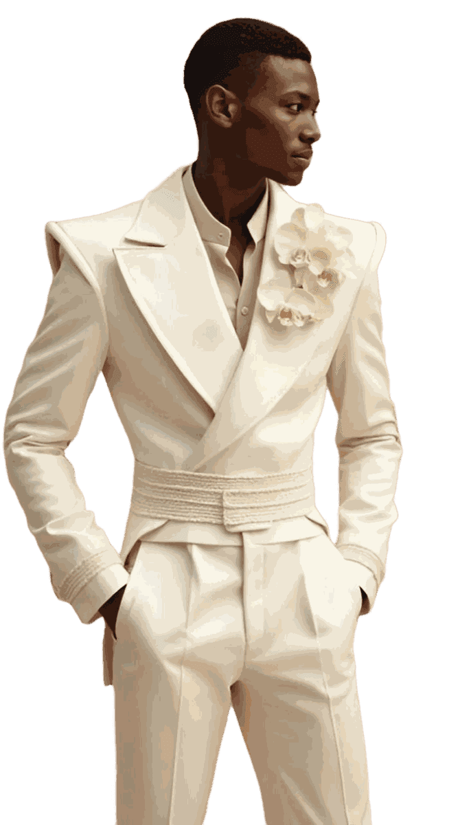 A cream tailored jacket with an orchid at the lapel