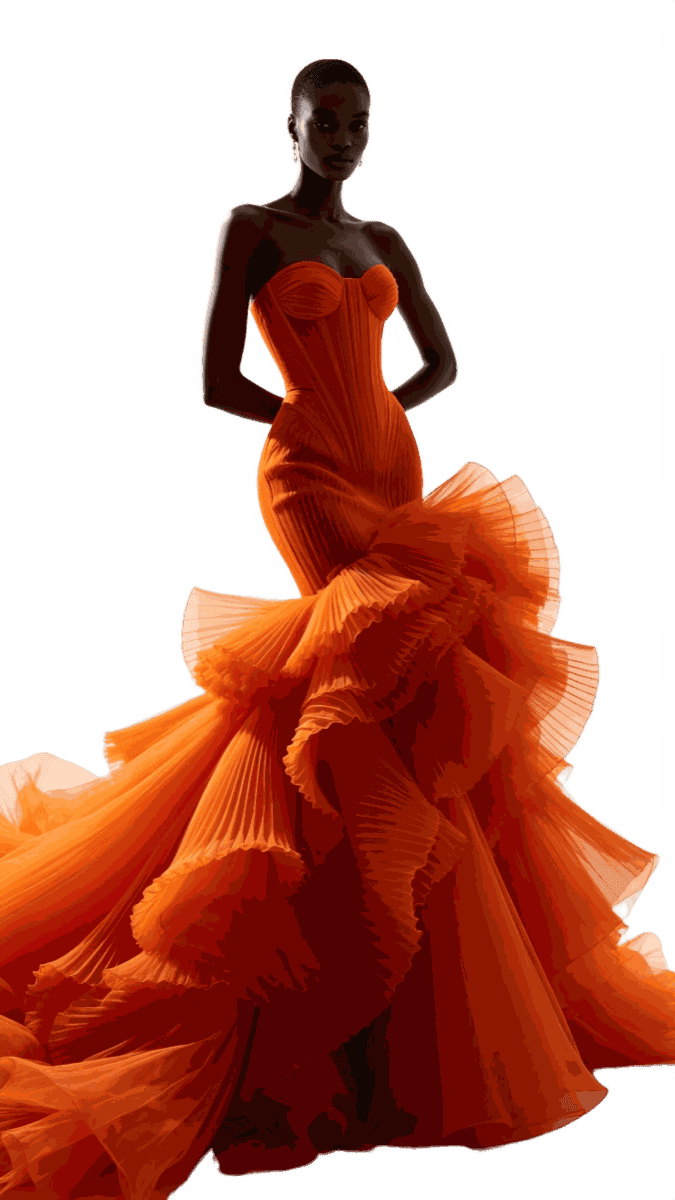 A burnt-orange strapless gown with a ruffled mermaid hem