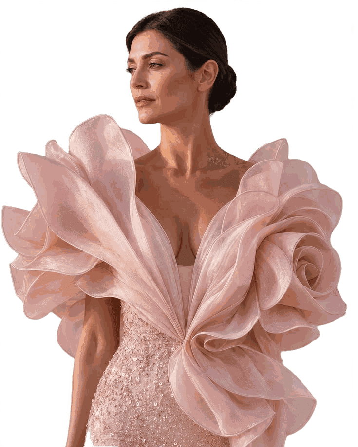 A blush organza gown with oversized petal sleeves