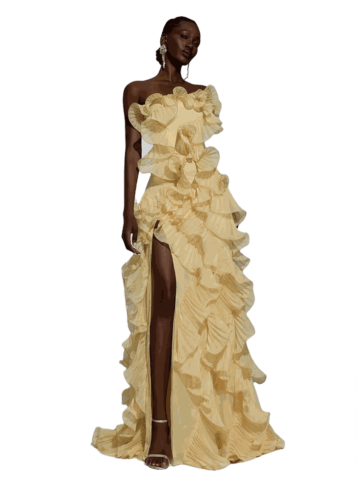 A butter-yellow organza gown with a ruffled shoulder