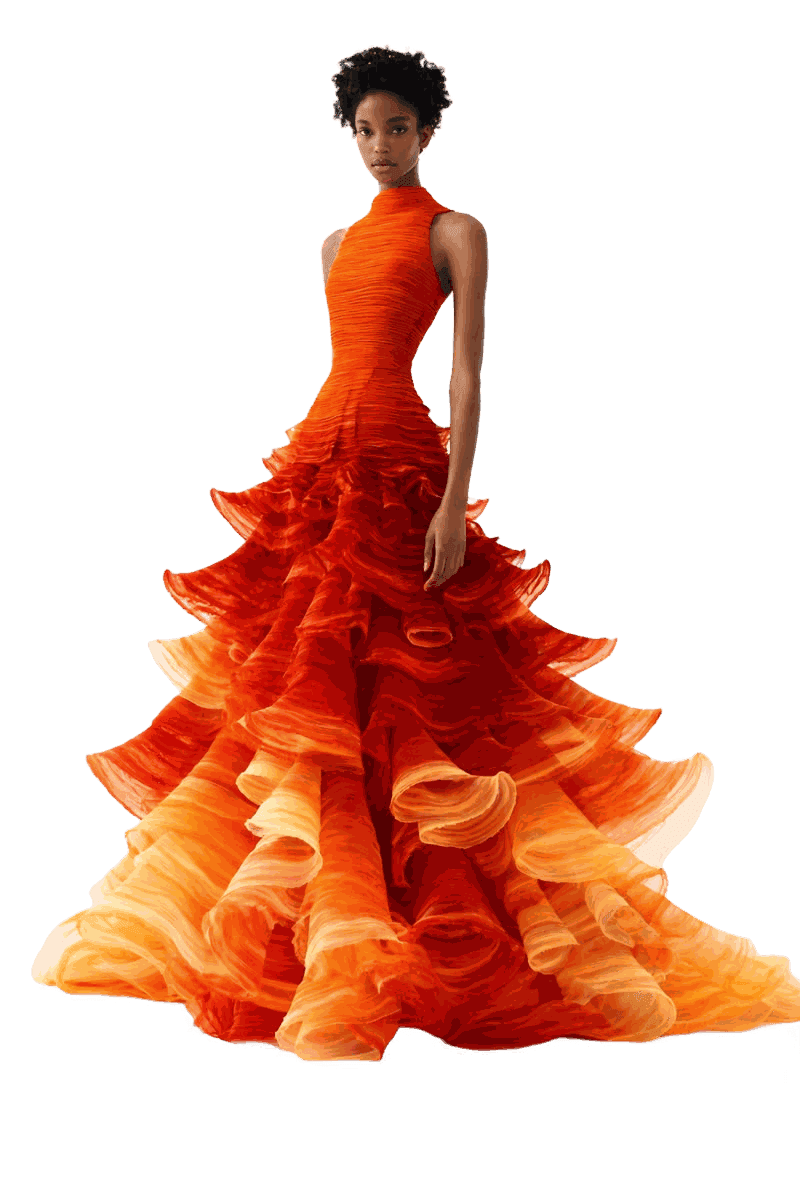 A flame-orange gown with a tiered ruffled skirt