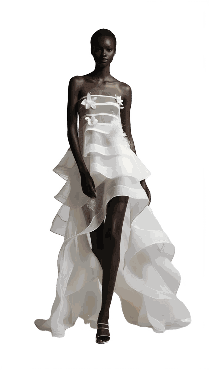 An ivory gown with a cascading organza skirt