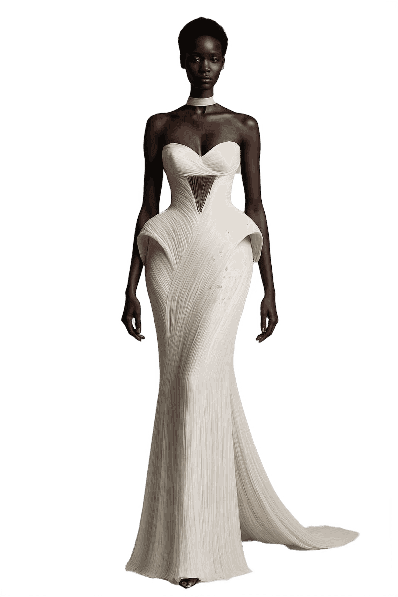 A sculpted ivory gown with a corseted, pleated bodice