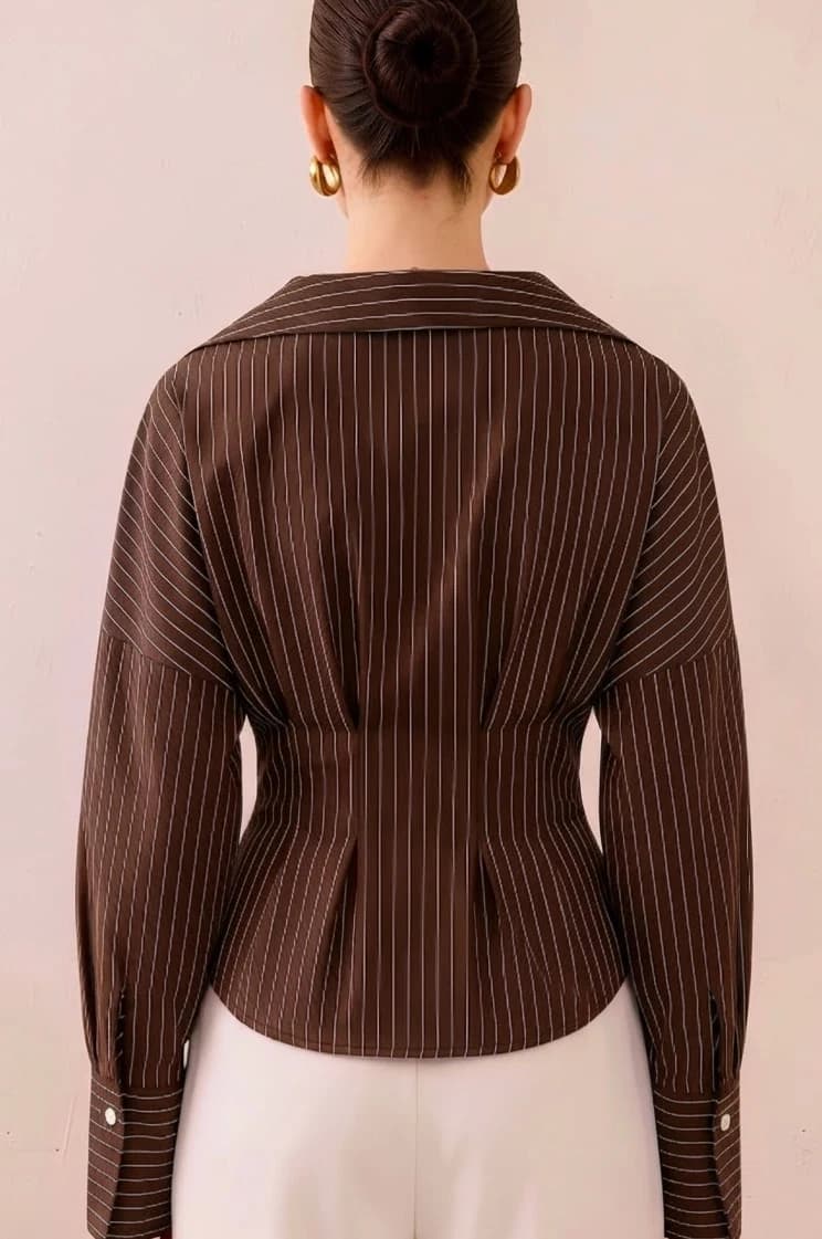 Brown pinstripe shirt from behind