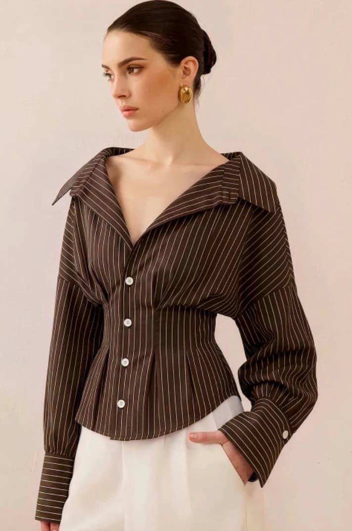Brown pinstripe shirt, three-quarter view