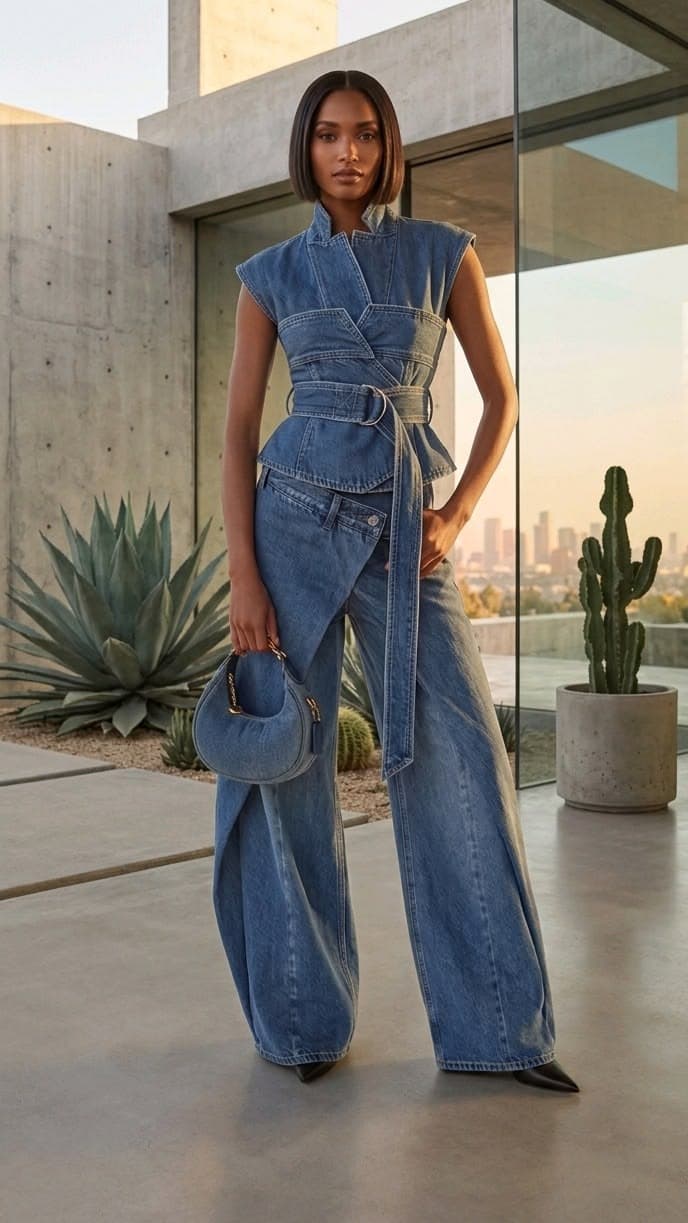 Model in a denim jumpsuit