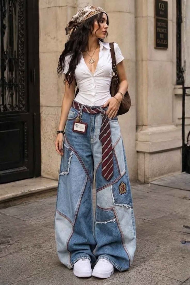 Model in patchwork jeans