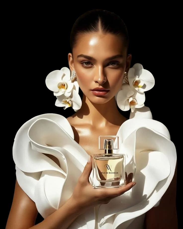 A model holding a glass flacon against white orchids