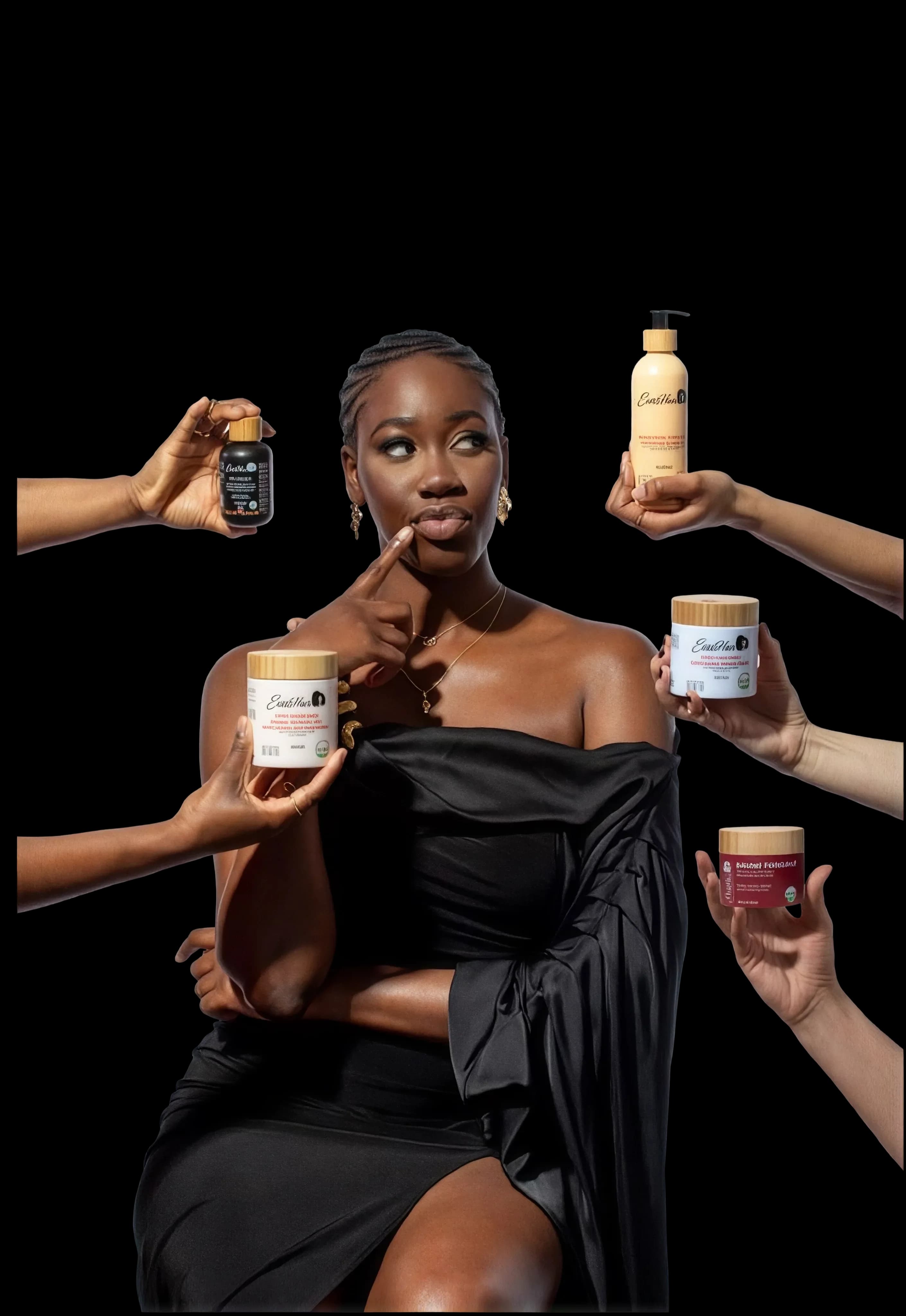 Hands offering oils, masks and balms around a model