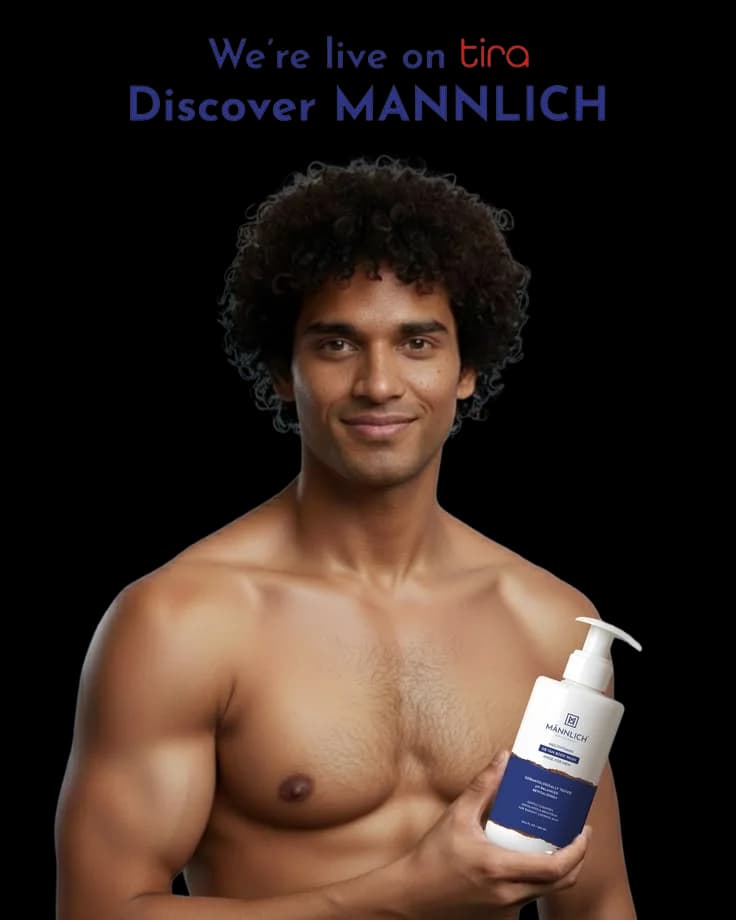 A model holding a body wash bottle