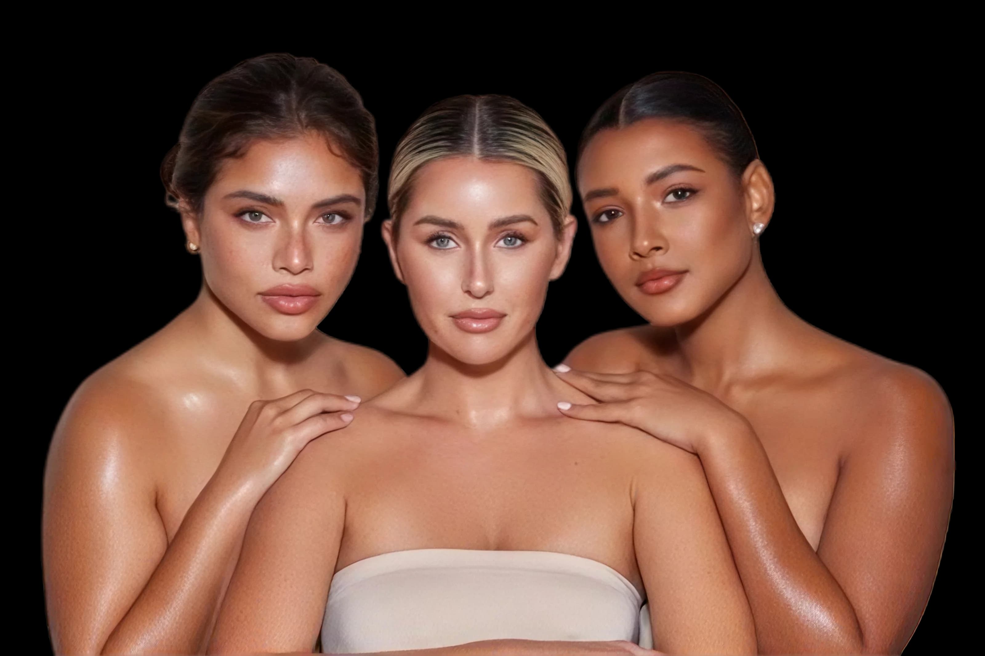 Three models shoulder to shoulder in polished everyday makeup